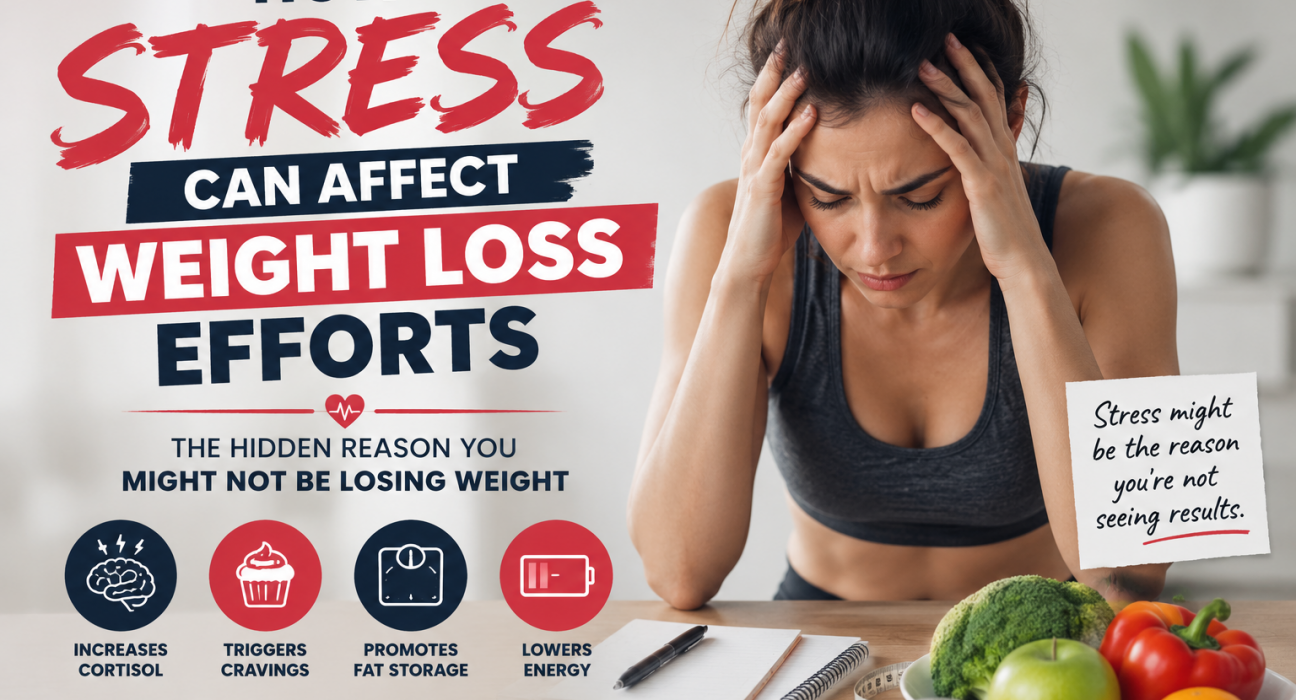 Woman experiencing stress while trying to lose weight, illustrating how stress, cortisol, cravings, and low energy can affect weight loss efforts and overall health.