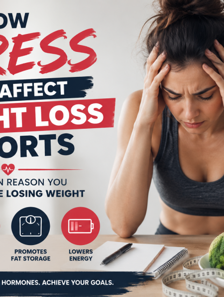 Woman experiencing stress while trying to lose weight, illustrating how stress, cortisol, cravings, and low energy can affect weight loss efforts and overall health.