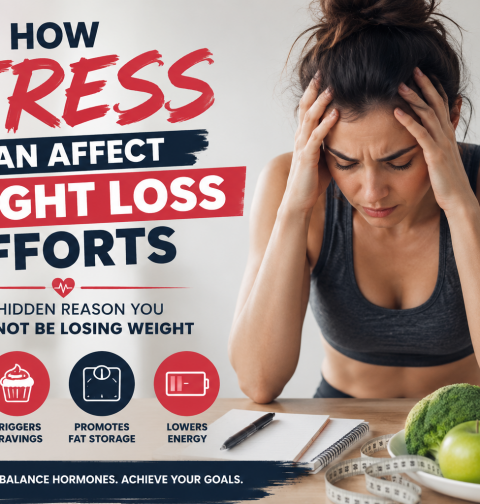 Woman experiencing stress while trying to lose weight, illustrating how stress, cortisol, cravings, and low energy can affect weight loss efforts and overall health.