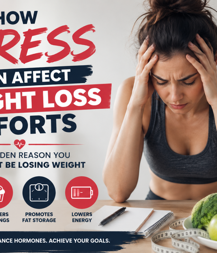 Woman experiencing stress while trying to lose weight, illustrating how stress, cortisol, cravings, and low energy can affect weight loss efforts and overall health.