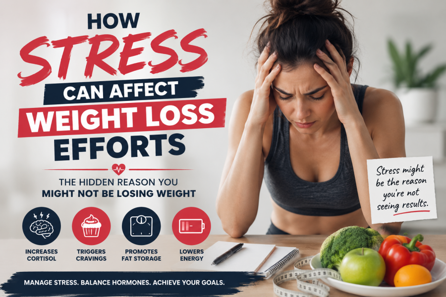 Woman experiencing stress while trying to lose weight, illustrating how stress, cortisol, cravings, and low energy can affect weight loss efforts and overall health.